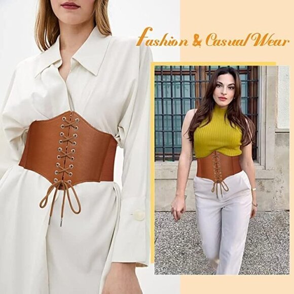 Brown Leather Elastic Wide Stretch Belt Corset Top Halloween Cosplay Costume NWT